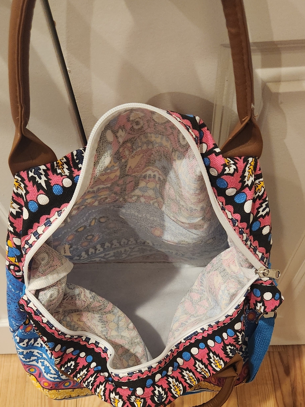 Colorful Patterned Tote Bag with Blue Accents - Picture 3 of 4